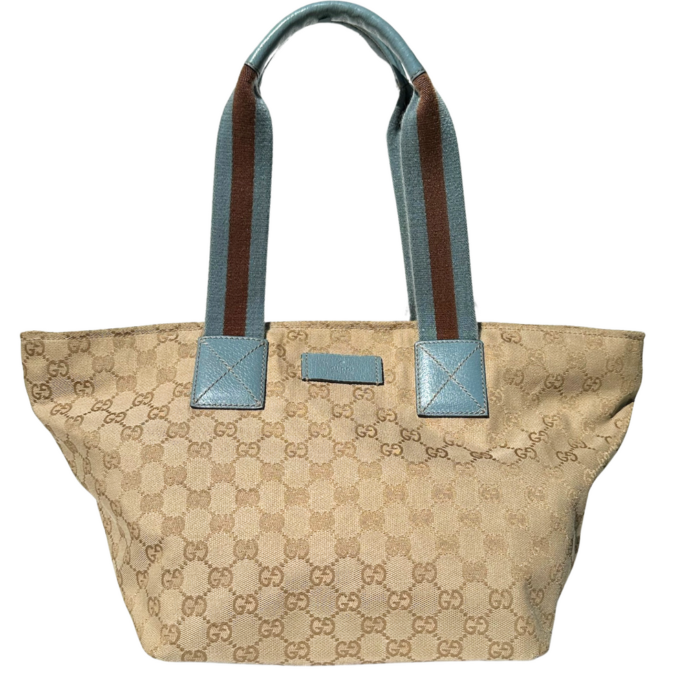 Gucci GG Canvas Zippered Tote- Blue + Brown